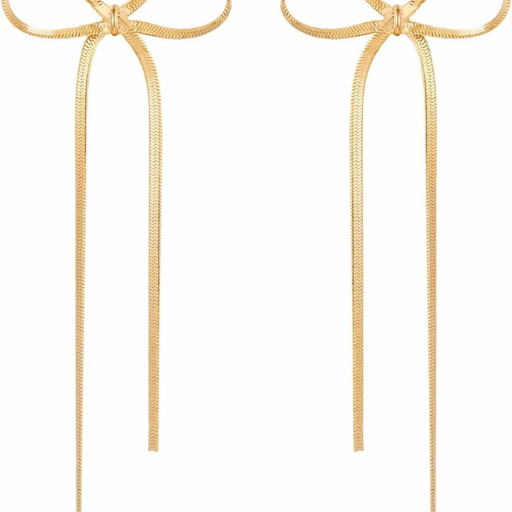 Gold Brass Bow Drop Earrings Long Tassel Dangle Jewelry for Women